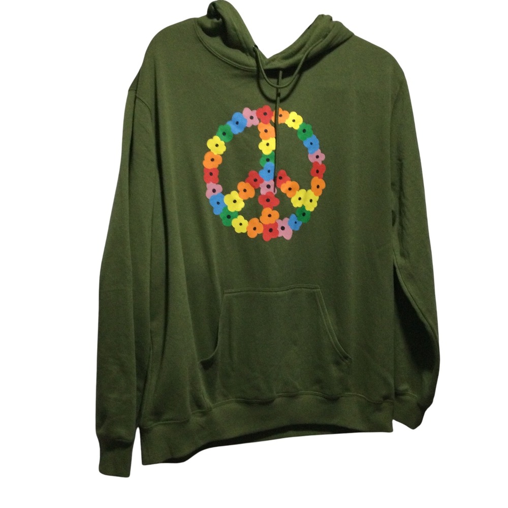 The Phluid Project Peace Sign Flower Print Hoodie Olive Green‎ Pullover Size L